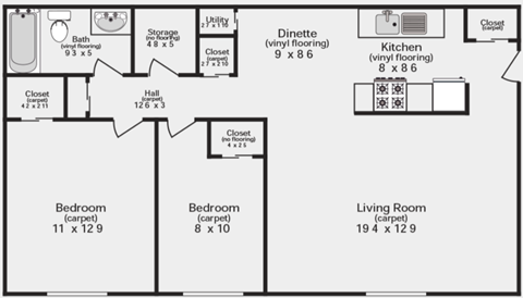 Floor plan for 2 beds, 1 bath, 820 sqft